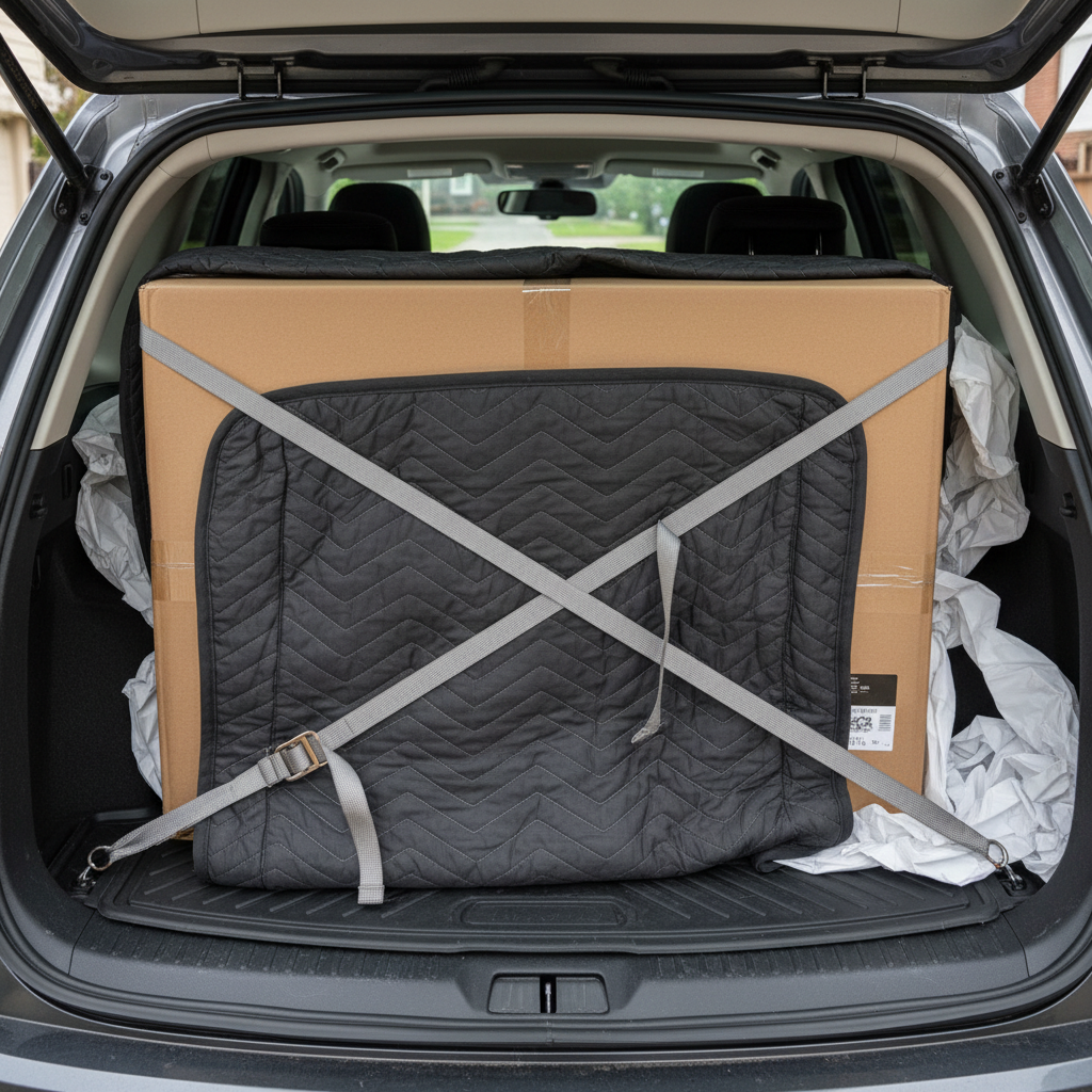 Flat screen TV carefully packed and secured in car boot with protective padding