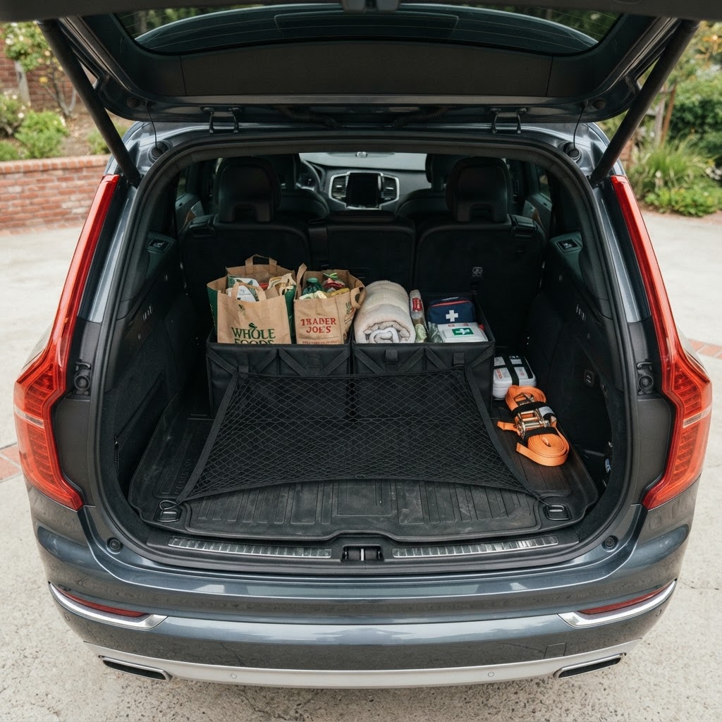 Organised SUV boot with liner, organisers, cargo net and straps