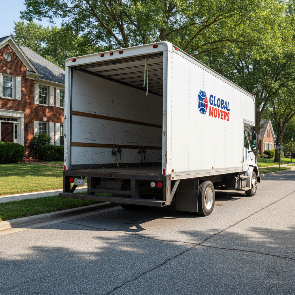 Moving truck parked on a suburban street