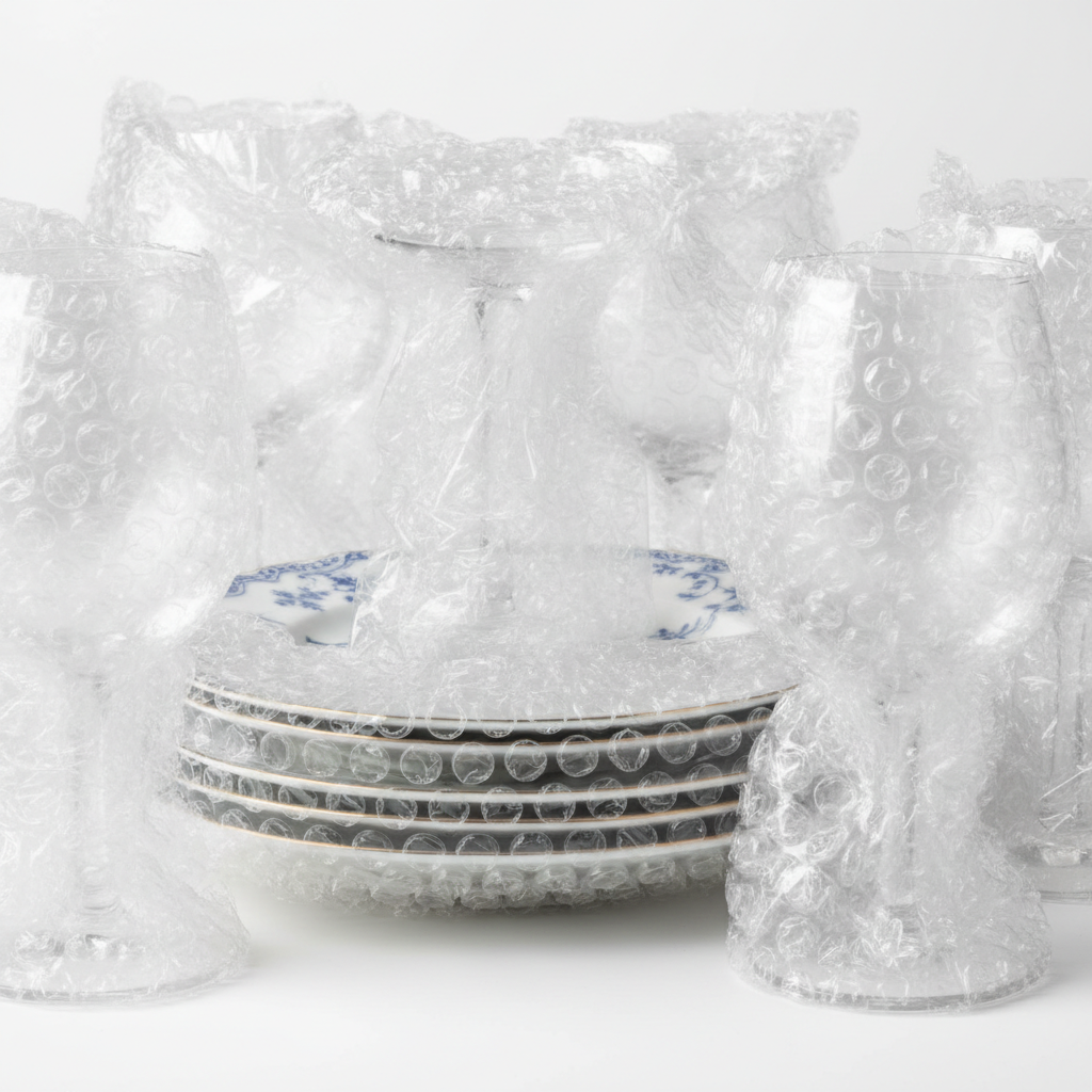 Fragile dishes and glassware carefully wrapped in bubble wrap for protection