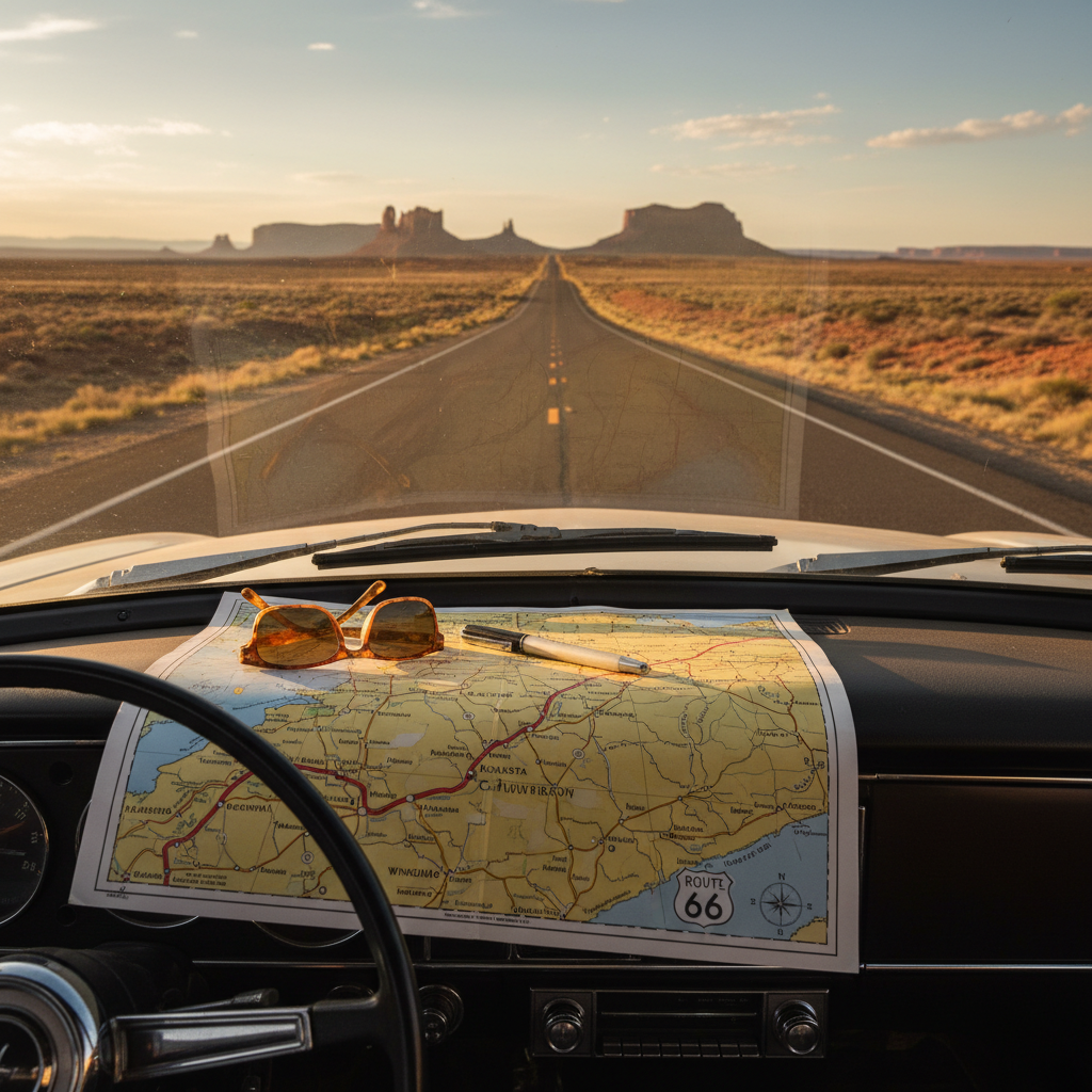 Road map open on a car dashboard with a highway ahead