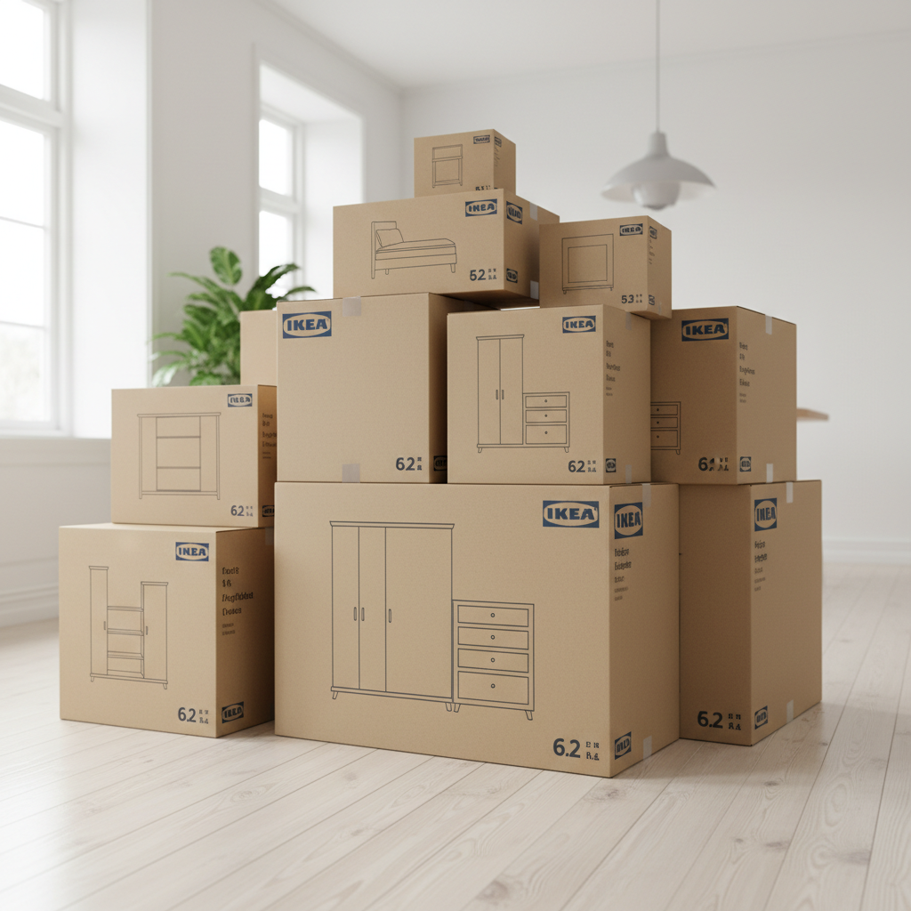 Stacked IKEA flat-pack furniture boxes