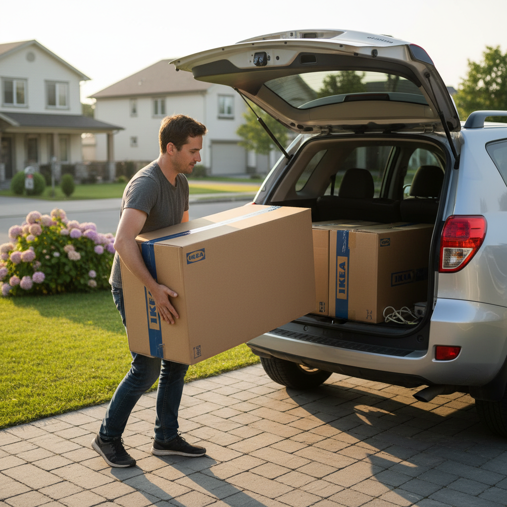 Person loading a cardboard box into the boot of an SUV with other boxes already inside
