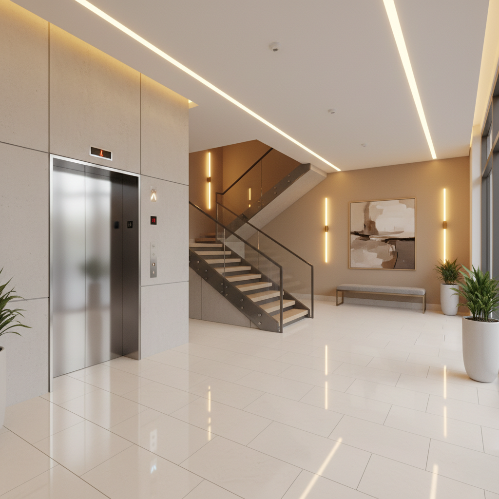 Apartment foyer with lift and staircase