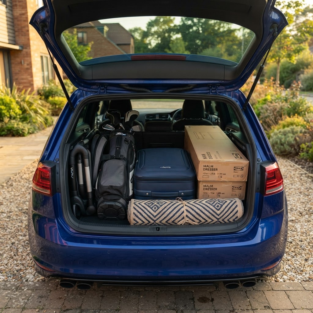 Hatchback boot packed neatly with a stroller, golf bag, suitcase and flat-pack boxes