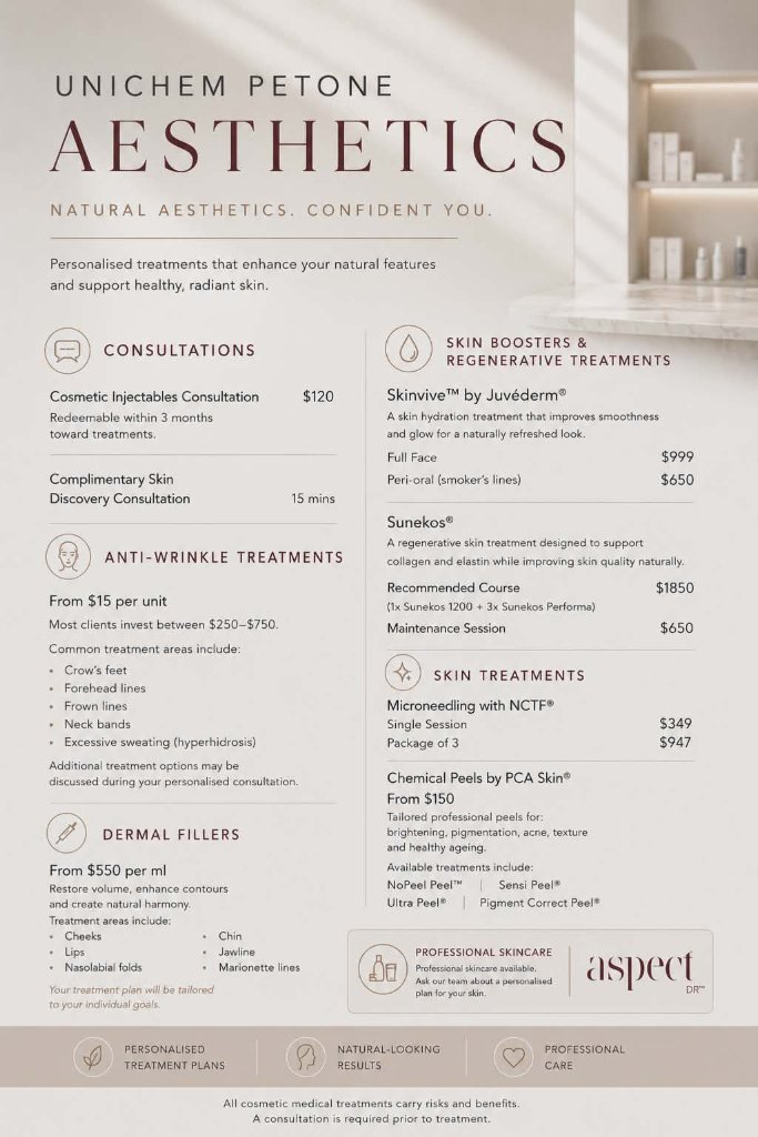 Unichem Petone Aesthetics cosmetic injectables price list and services guide