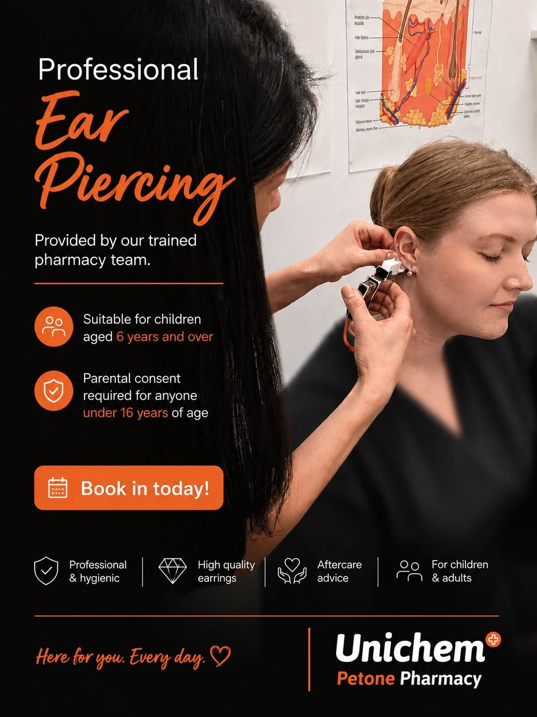 Professional ear piercing at Unichem Petone Pharmacy — provided by our trained pharmacy team, suitable for children aged 6 years and over