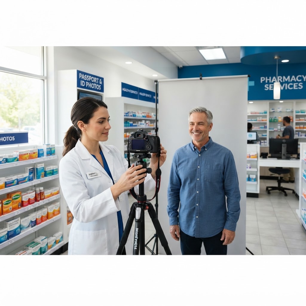 Pharmacist at Unichem Petone Pharmacy taking a customer's passport photo against a plain backdrop