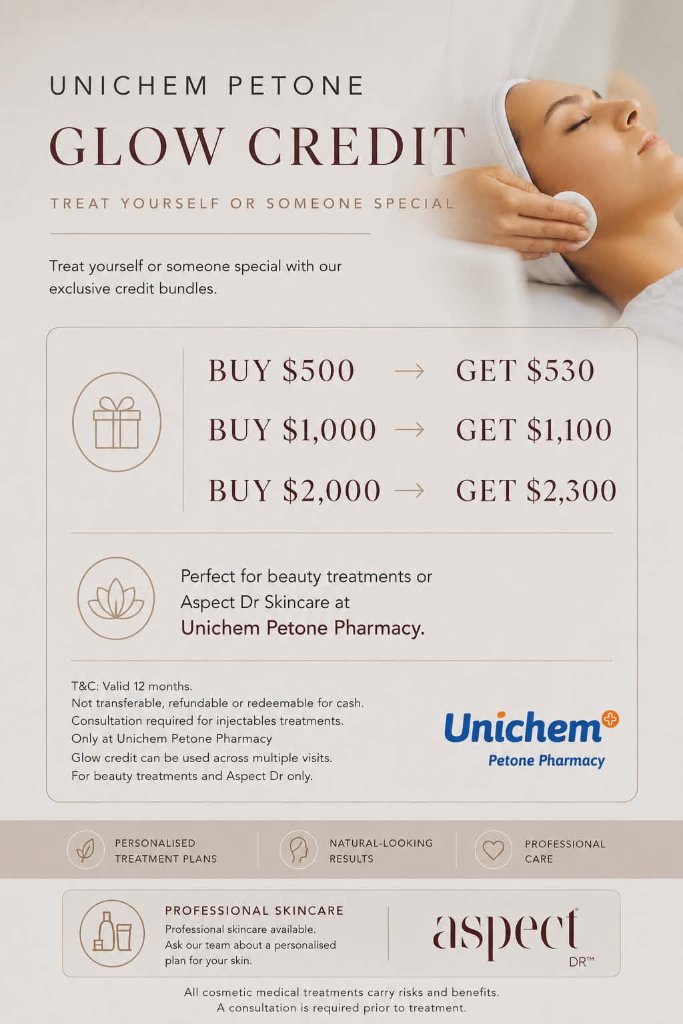 Unichem Petone Glow Credit bundles for cosmetic treatments and Aspect Dr skincare
