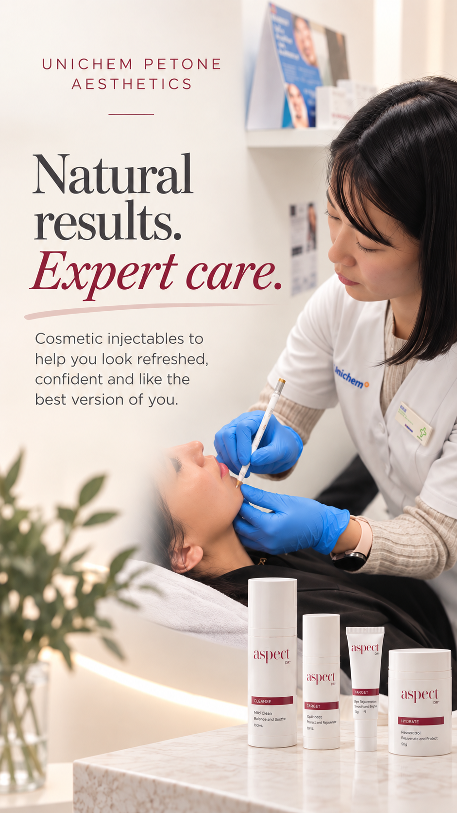 Practitioner performing an aesthetic treatment at Unichem Petone Pharmacy, with Aspect Dr professional skincare products including Mild Clean, Optiboost, Eye Rejuvenation and Resveratrol