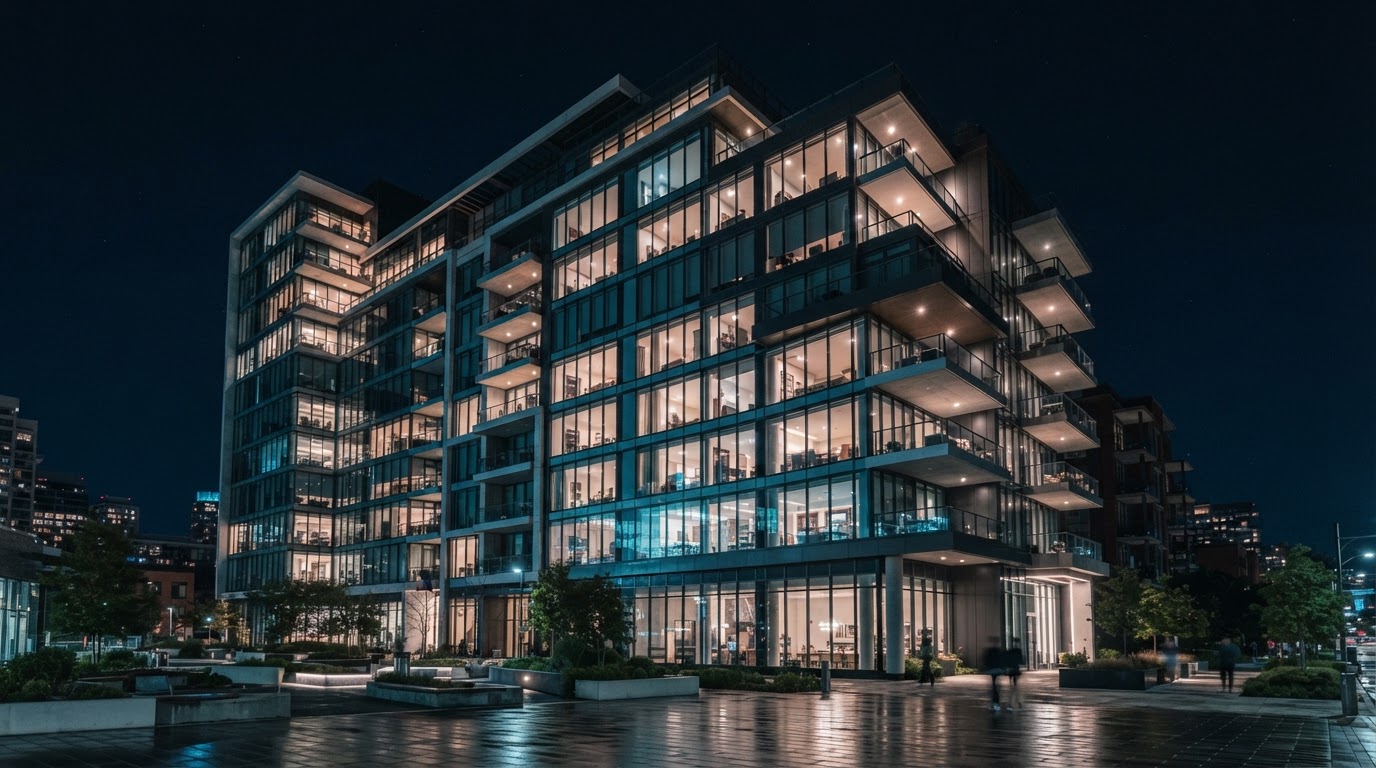 Glass-front building illuminated at night
