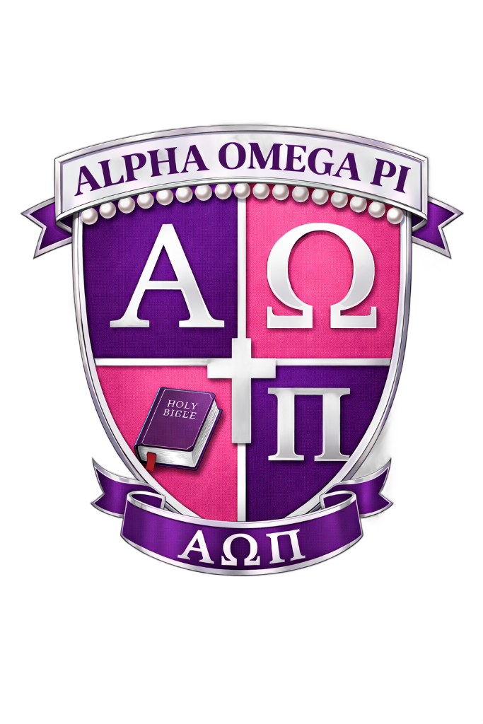 Alpha Omega Pi Official Crest featuring Greek letters, cross, Bible, and pearls
