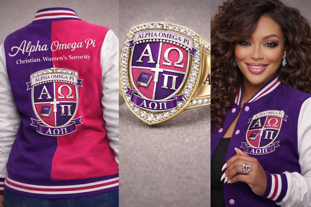 Alpha Omega Pi official merchandise - varsity jackets, ring, and member