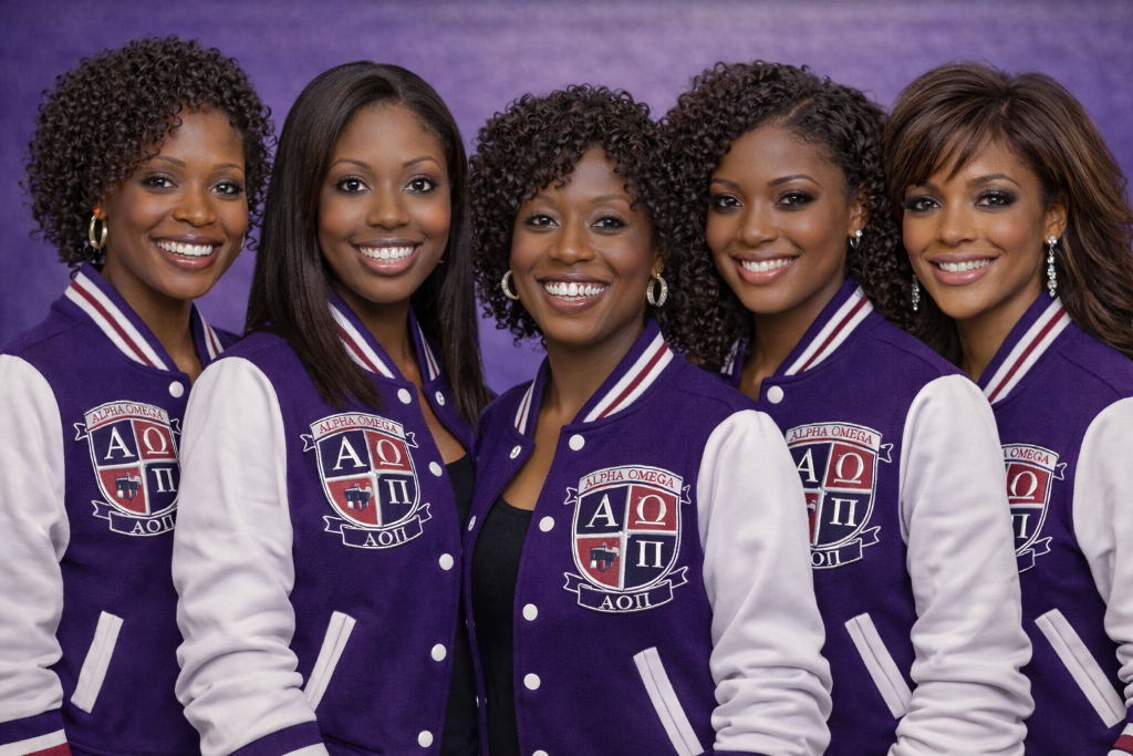 Alpha Omega Pi sisters in official varsity jackets