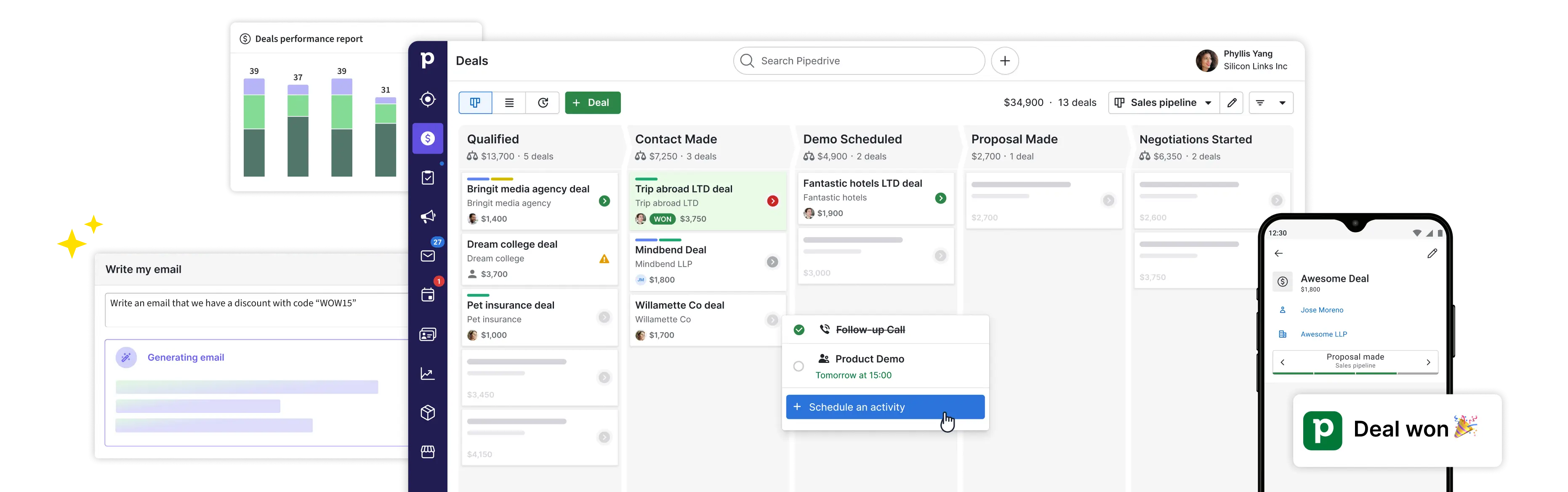 Widok pulpitu Pipedrive CRM z lejkiem sprzedaży, automatyzacjami AI i widokiem mobilnym