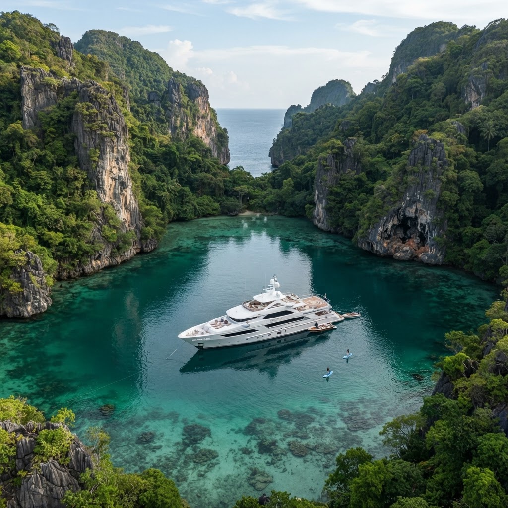 Yacht anchored near a tropical island