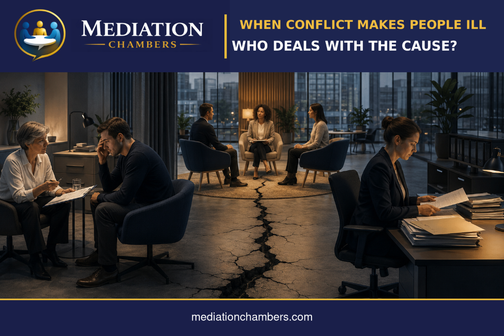 An Occupational Health consultation and an HR case process sit on opposite sides of a fractured workplace floor, while an independent mediator supports a central conversation across the divide.