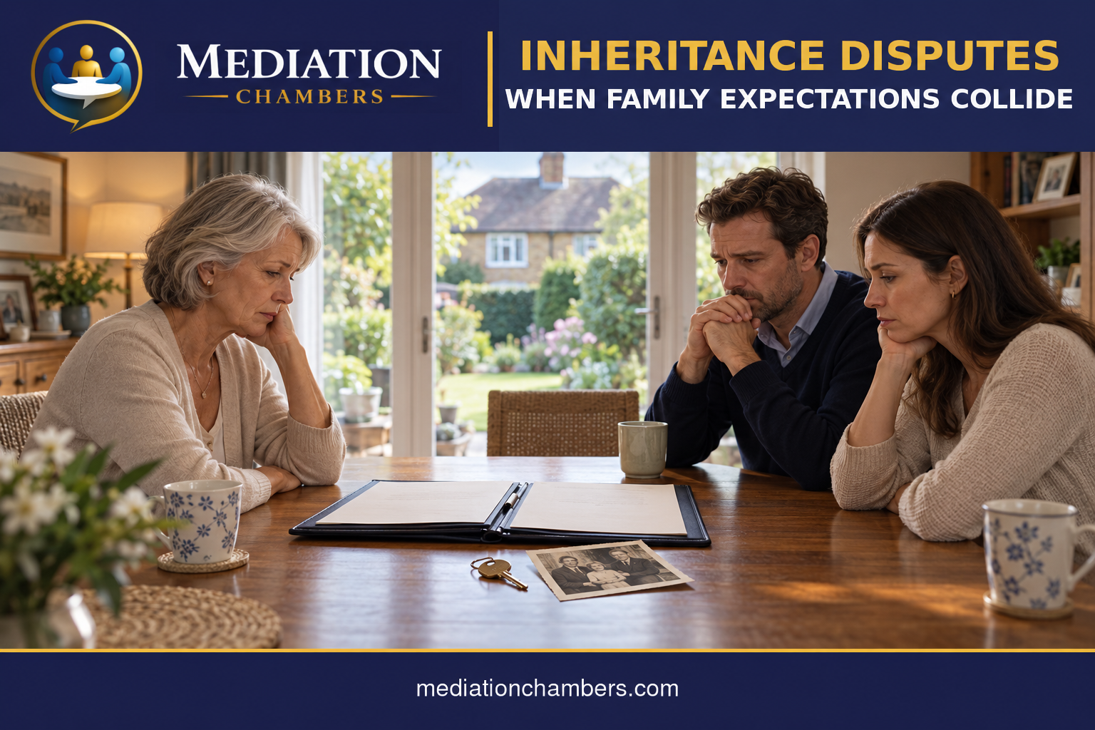 A surviving partner and two adult children seated across a family dining table with estate papers, a house key and an old photograph, beneath the headline Inheritance Disputes When Family Expectations Collide.