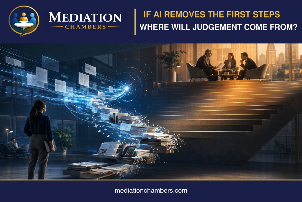 A junior professional faces a staircase whose lower steps of documents and routine work are dissolving into AI, while senior decision-makers remain at the top.