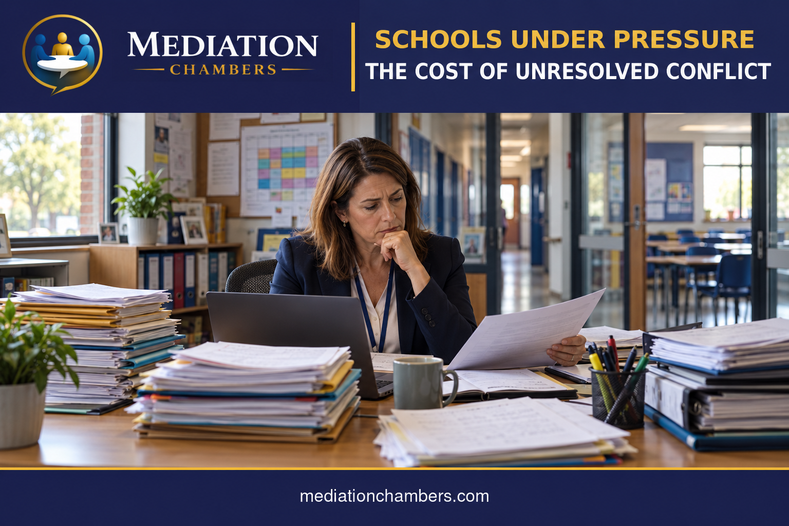 A school leader reviewing paperwork at a busy desk, with a school corridor behind her, under the headline Schools Under Pressure: The Cost of Unresolved Conflict.