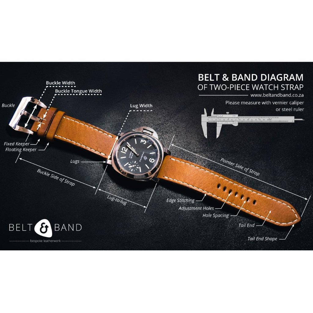 Belt & Band diagram of a two-piece watch strap — all measurement points labelled