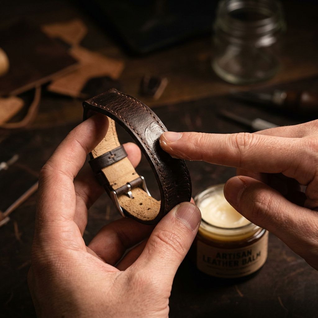 Hands massaging leather balm into watch strap surface