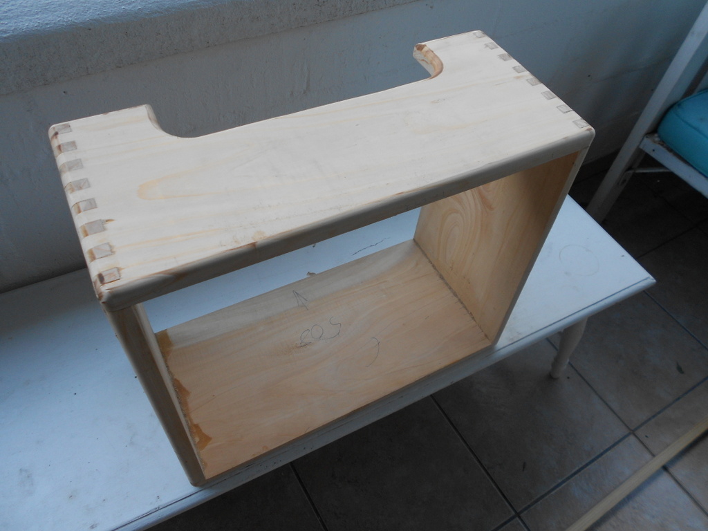 The completed raw pine cabinet with chassis recess