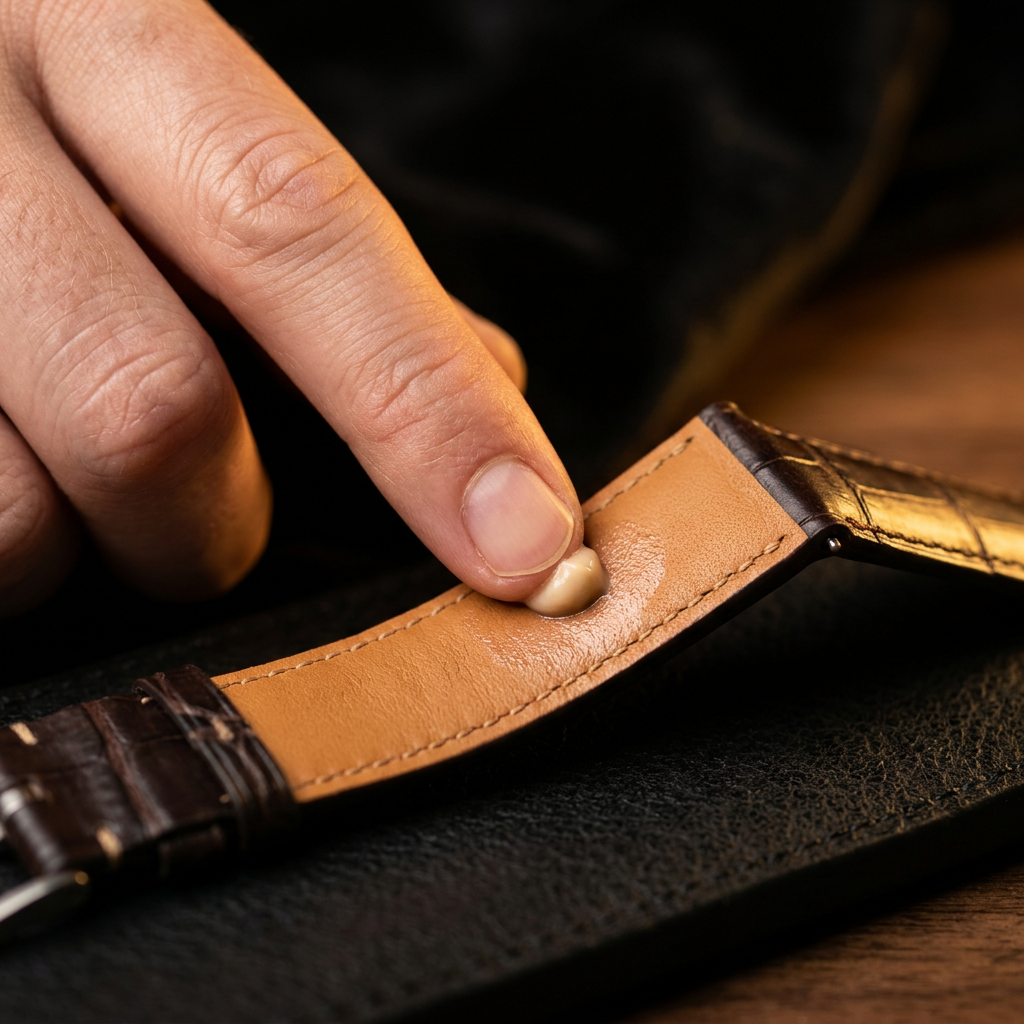 Fingertip applying leather balm to watch strap lining