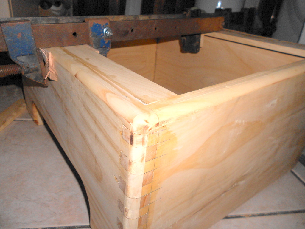 Cabinet frame in the vice during glue-up