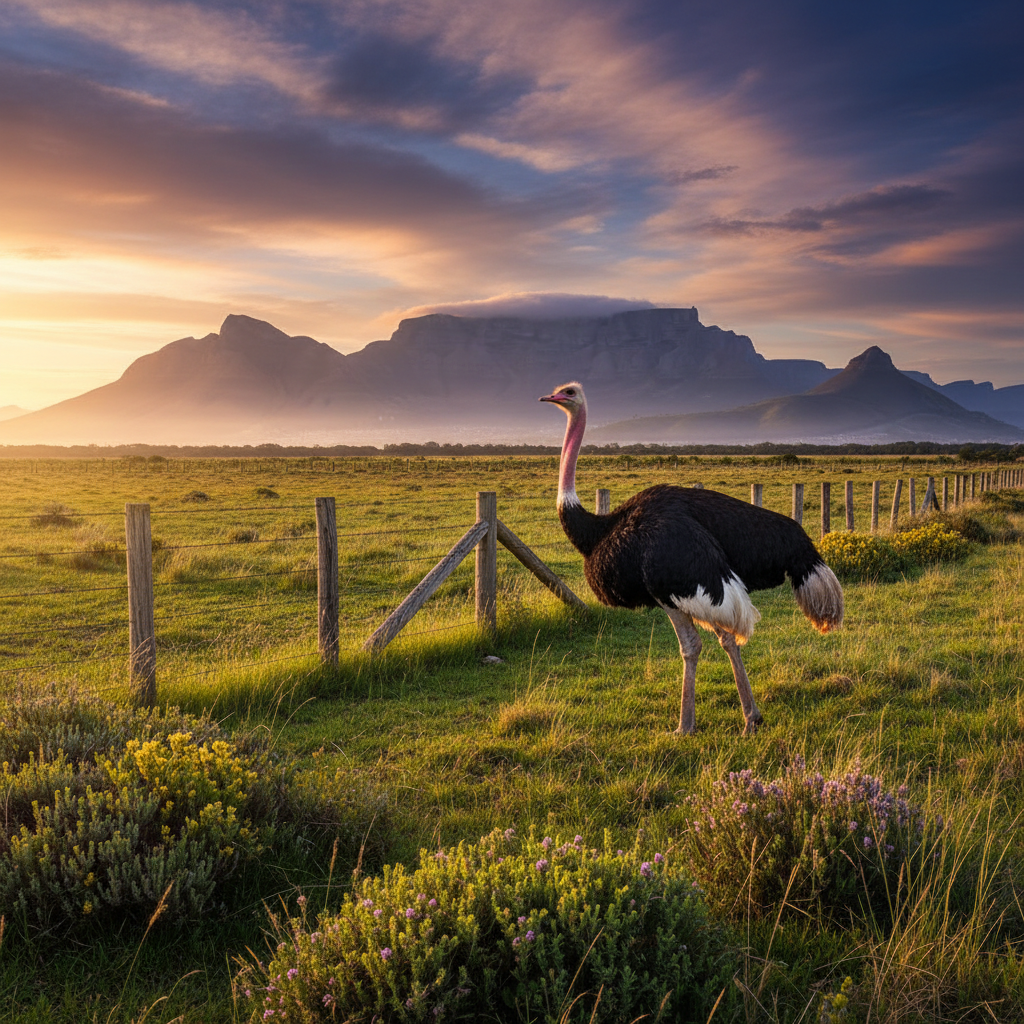 South African ostrich farm with Table Mountain in the background