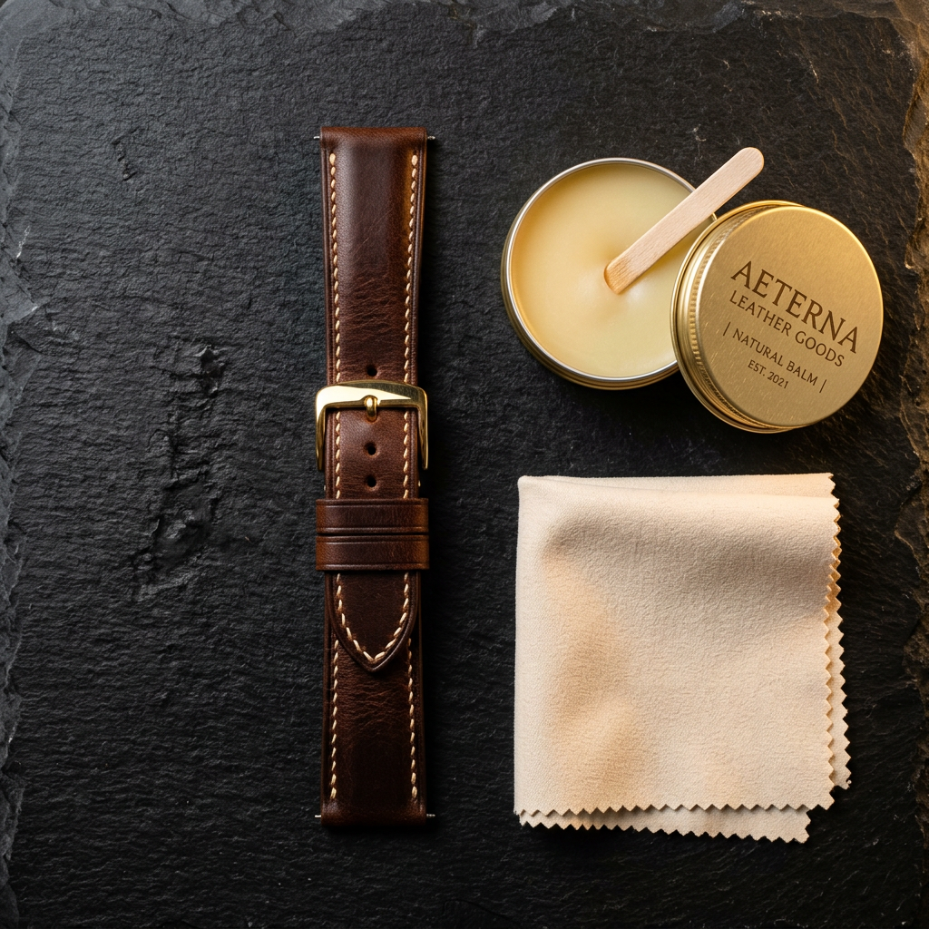 Leather watch strap and leather care balm laid flat on dark surface