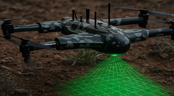 ZenaTech tactical drone with sensor projection over terrain