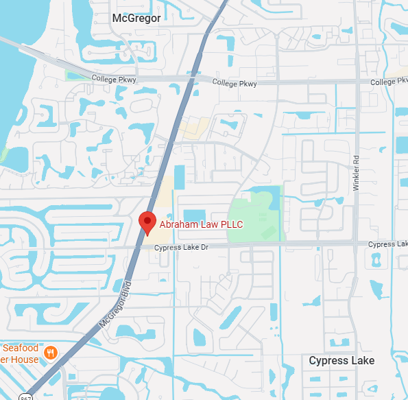 Map showing Abraham Law, PLLC at 13451 McGregor Blvd, Suite 33, Fort Myers, FL 33919