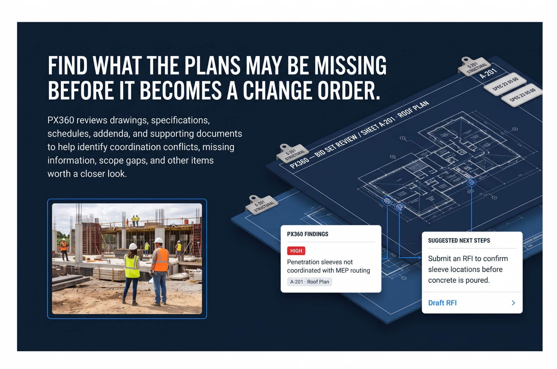 PX360 blueprint review — layered plan sheets with findings and suggested next steps