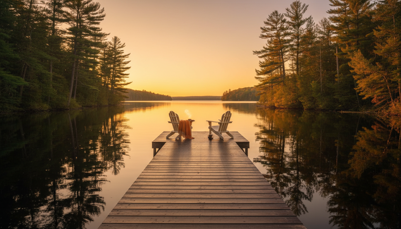 Wooden dock on a still Maine lake at golden hour with two Adirondack chairs