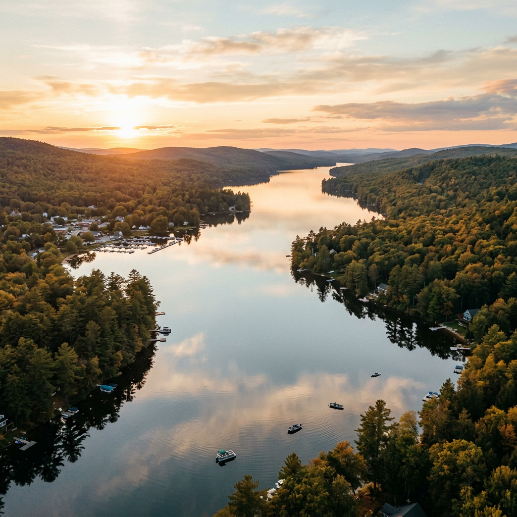 Aerial view of Long Lake Maine at golden hour