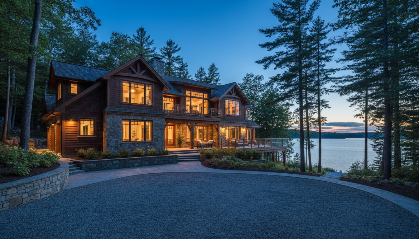 Luxury Maine lake house at dusk