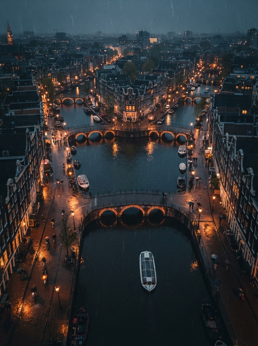 Illuminated canals and bridges of Amsterdam in the evening rain