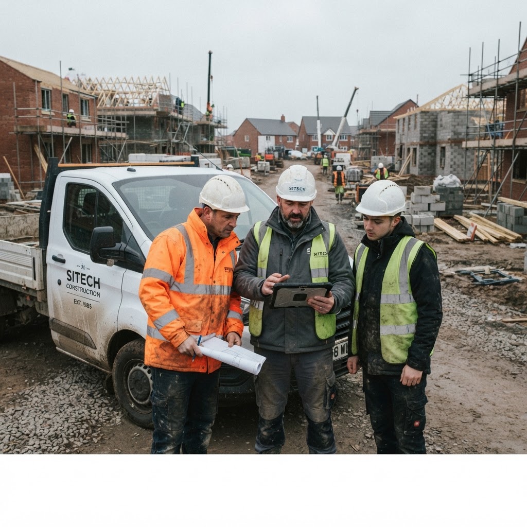 Construction team meeting on a UK housing development