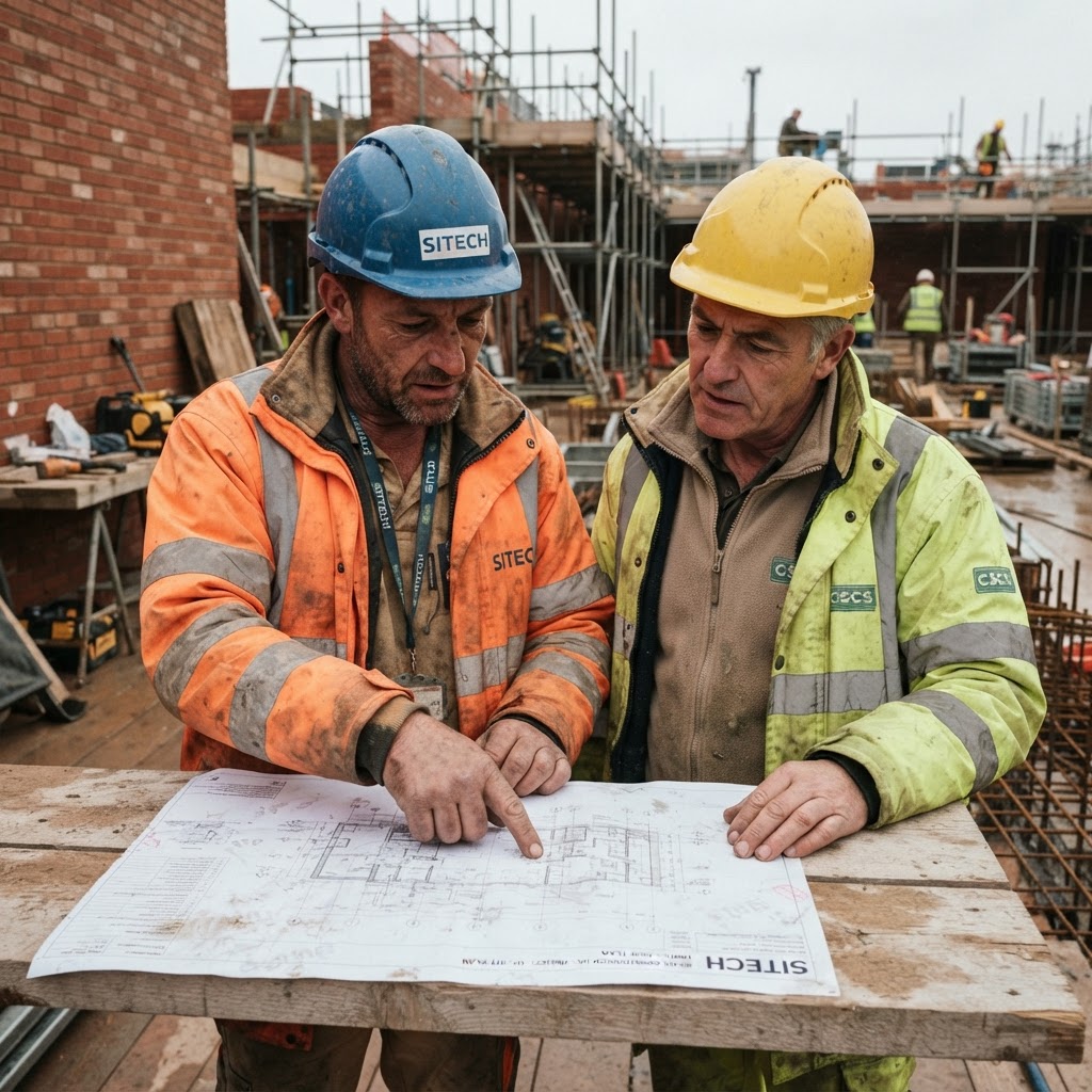 Construction workers reviewing blueprints on site