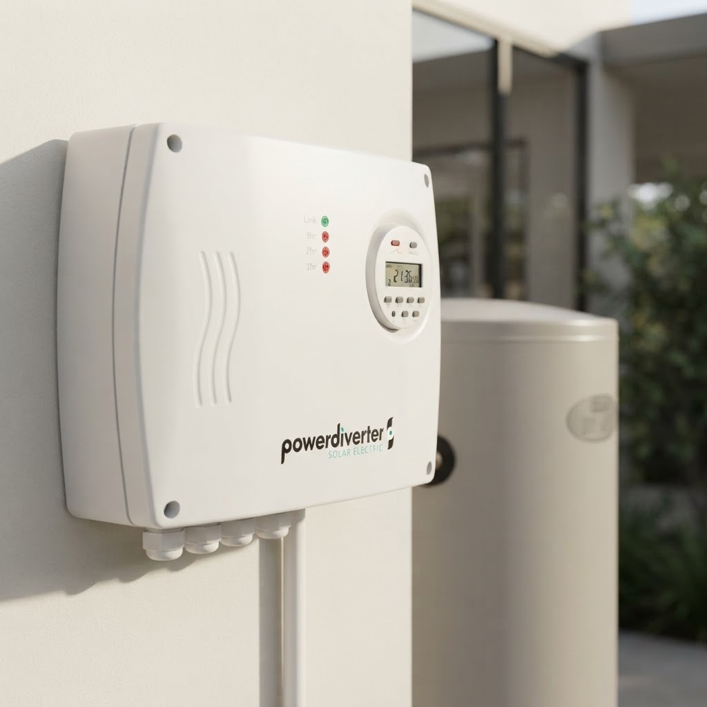 Premium close-up illustration of Powerdiverter beside an electric hot-water tank in a modern home