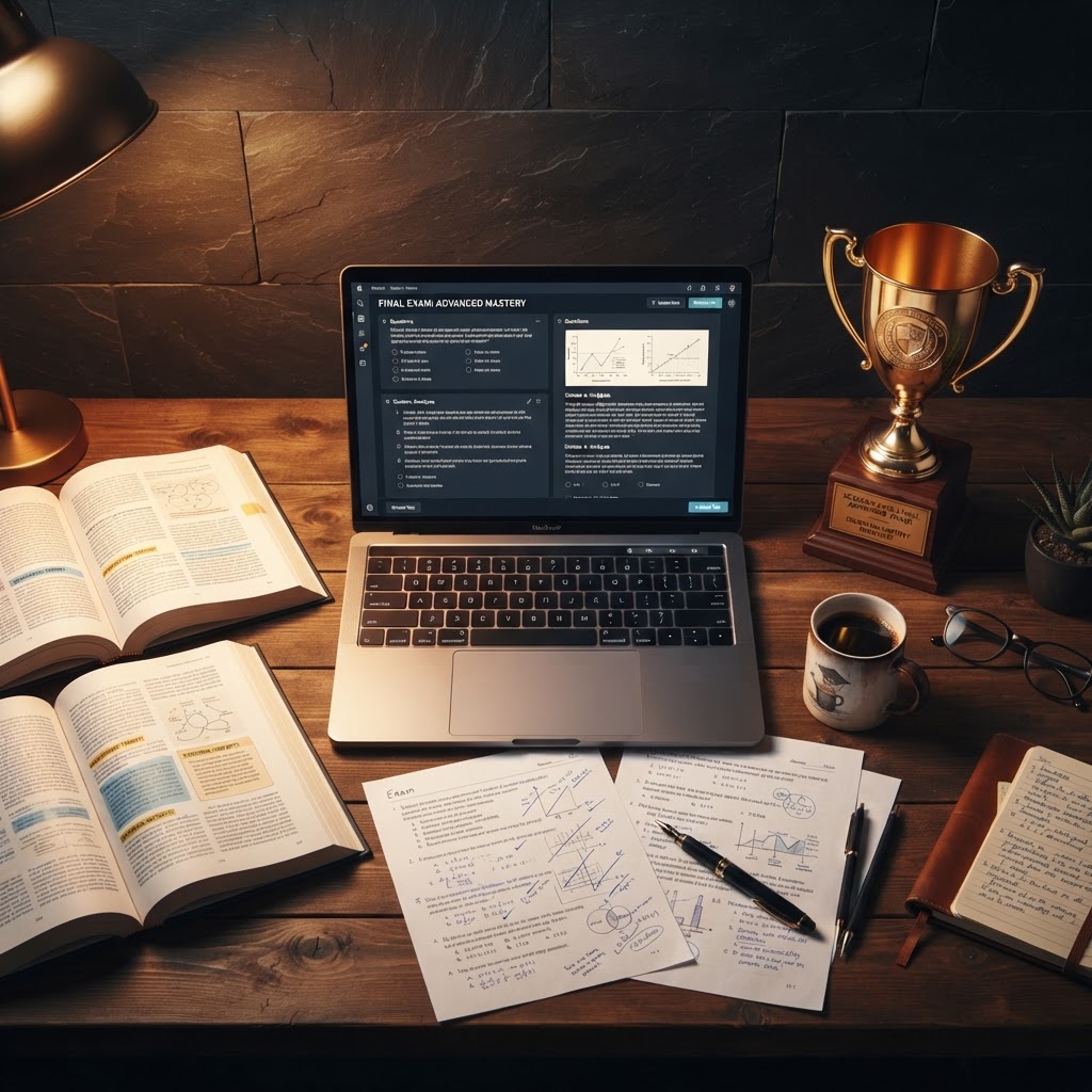 Exam preparation desk with textbooks, trophy, and laptop