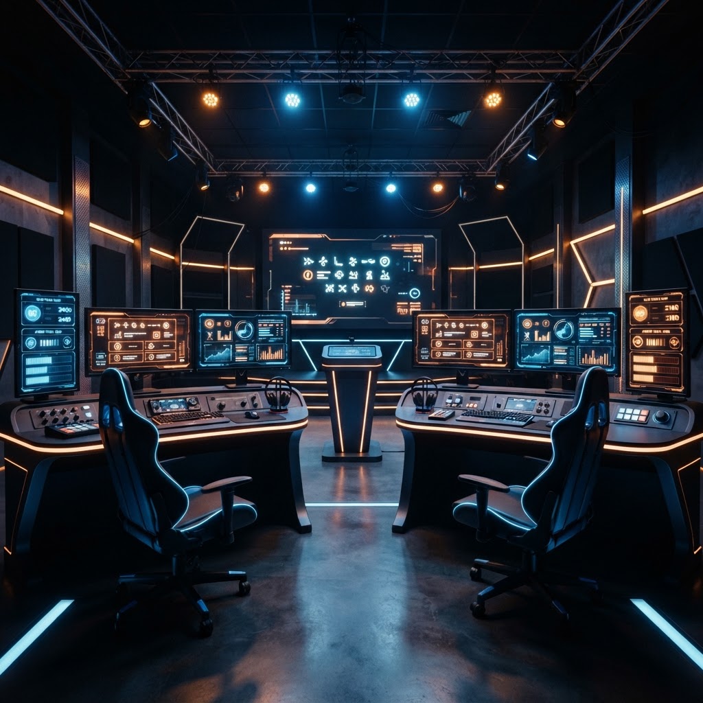 Competitive gaming setup with quiz screens and scoreboards
