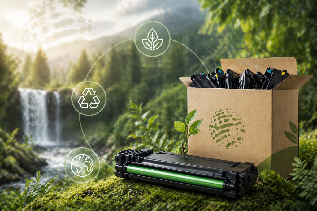 Toner cartridges in recycling box with eco sustainability icons