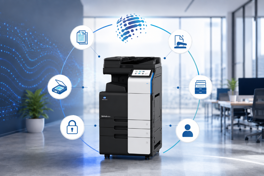 Konica Minolta bizhub photocopier with feature icons