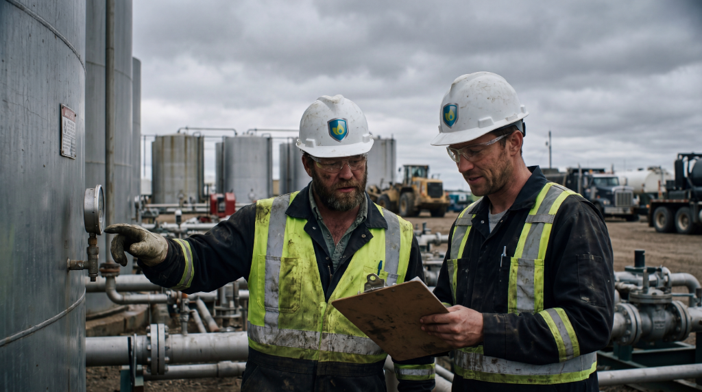 Oilfield workers inspecting equipment