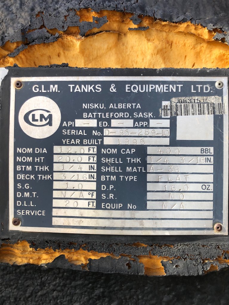 400 BBL GLM Fire Tube Insulated Storage Tank – 1995 (STK# 83151) for sale in Crossfield, AB — Inclusive Energy — photo 6