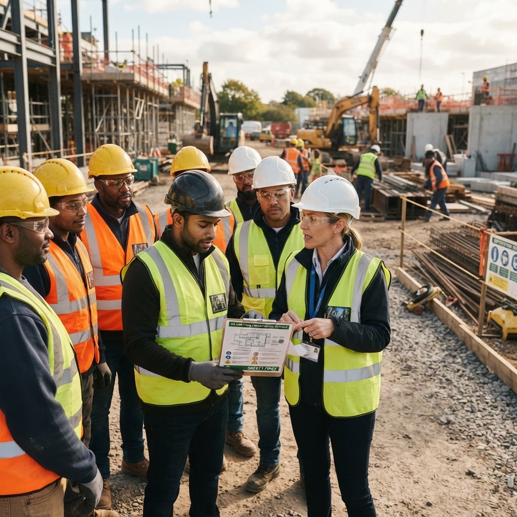 Construction team safety training meeting