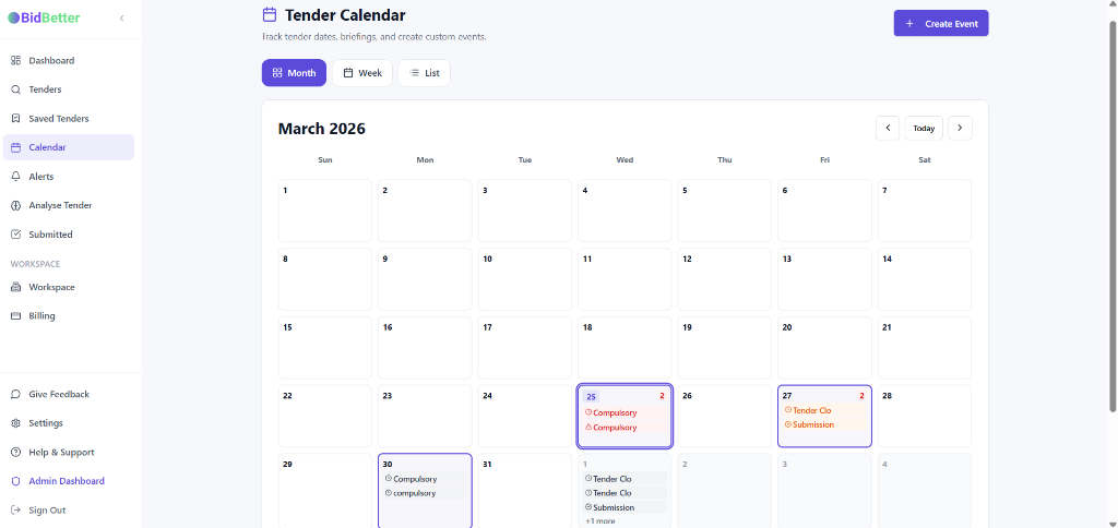 Tender Calendar & Events