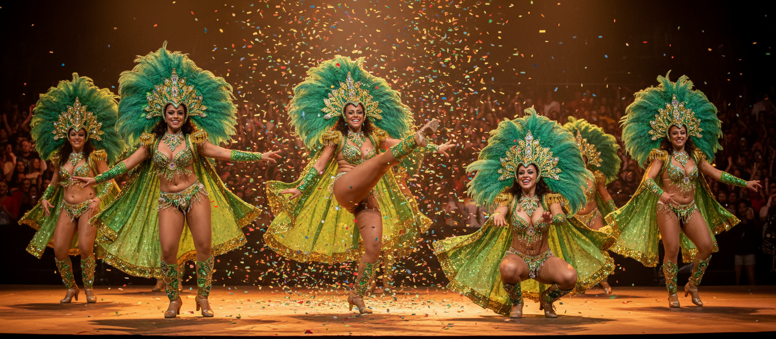 Samba dancers performing in vibrant carnival costumes